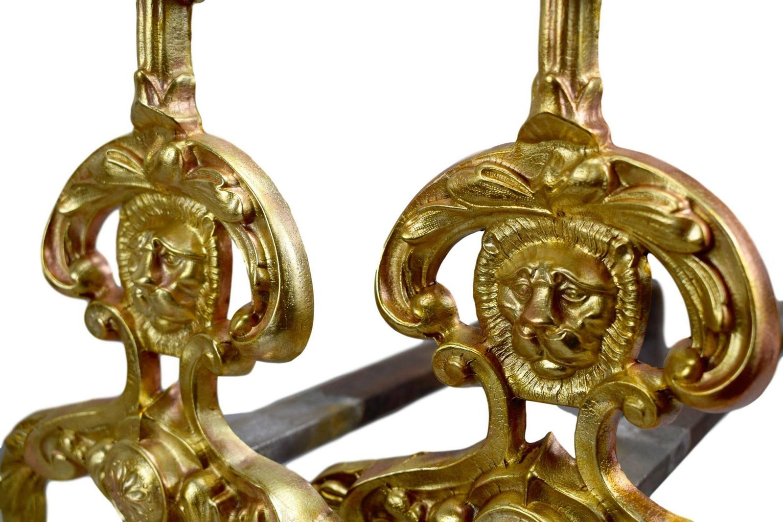 French Antique Gold Tone Patina Bronze Lion Andirons photo vintage