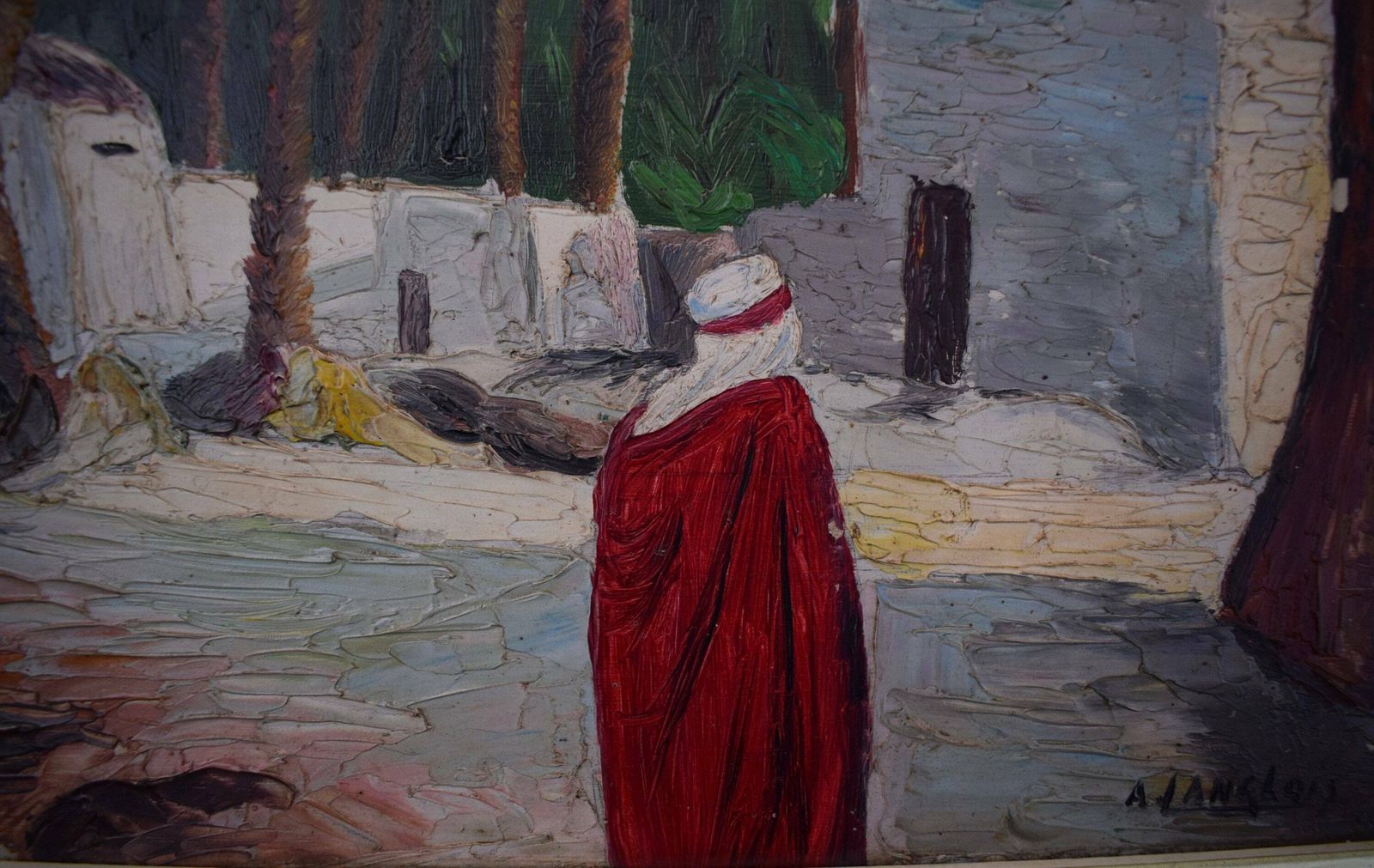 French Orientalist Oil Painting On Panel Signed Langlois, Maghreb Oasis Painting