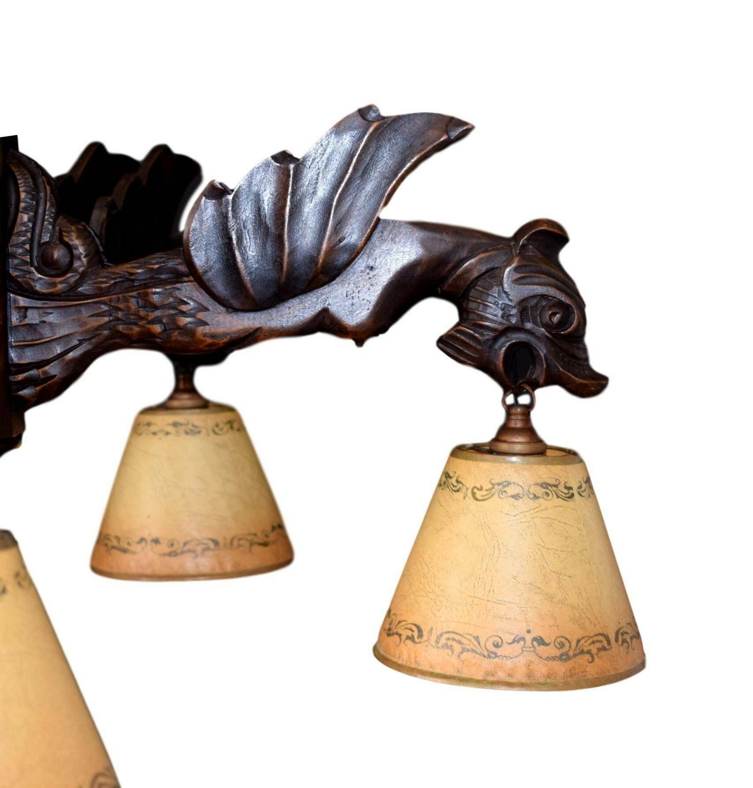 French Antique Victorian Hand Carved Wood Large Chandelier Chimera 5 Lights photo for sale