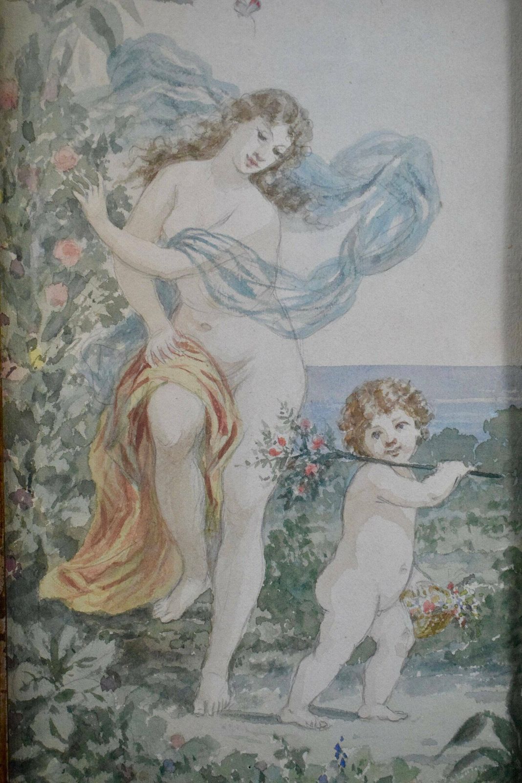 French Romantic Painting Watercolor Dancing Woman Child Nude photo for sale