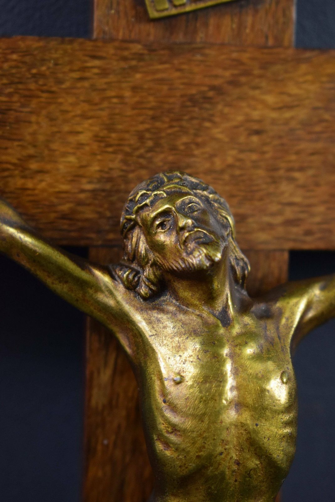 French Antique Large Wall Wood Gilt Bronze Cross Crucifix By Dorlia photo for sale