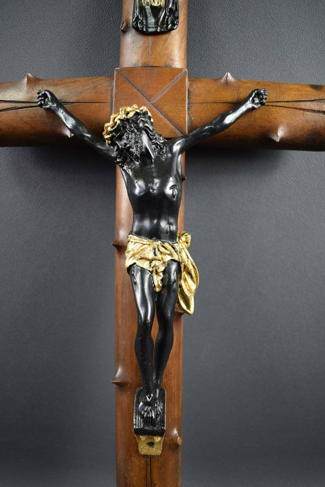 Large French Antique Hand Carved Wood Wall Cross Crucifix 19th photo for sale