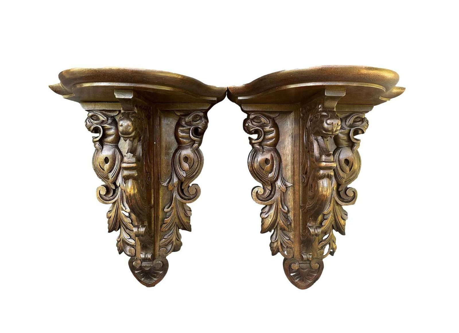 19th Architectural French Antique Pair Of Carved Wooden Console Chimera
