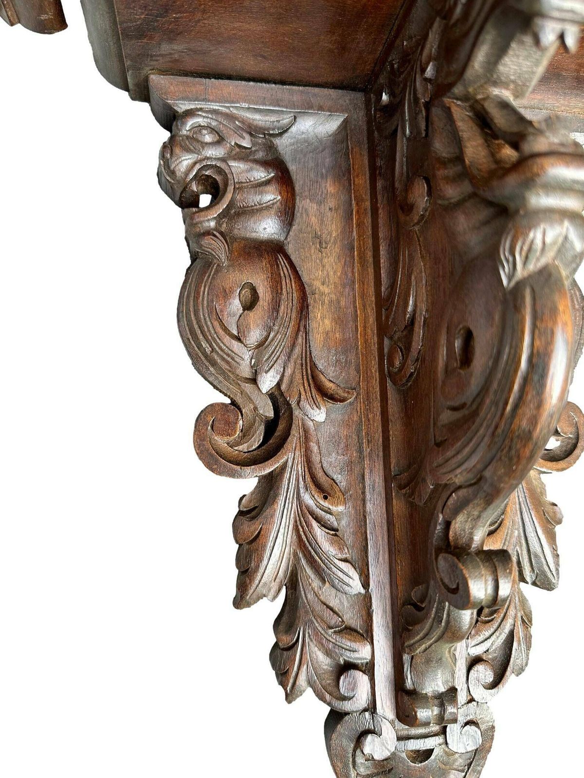 photo for sale 19th Architectural French Antique Pair Of Carved Wooden Console Chimera