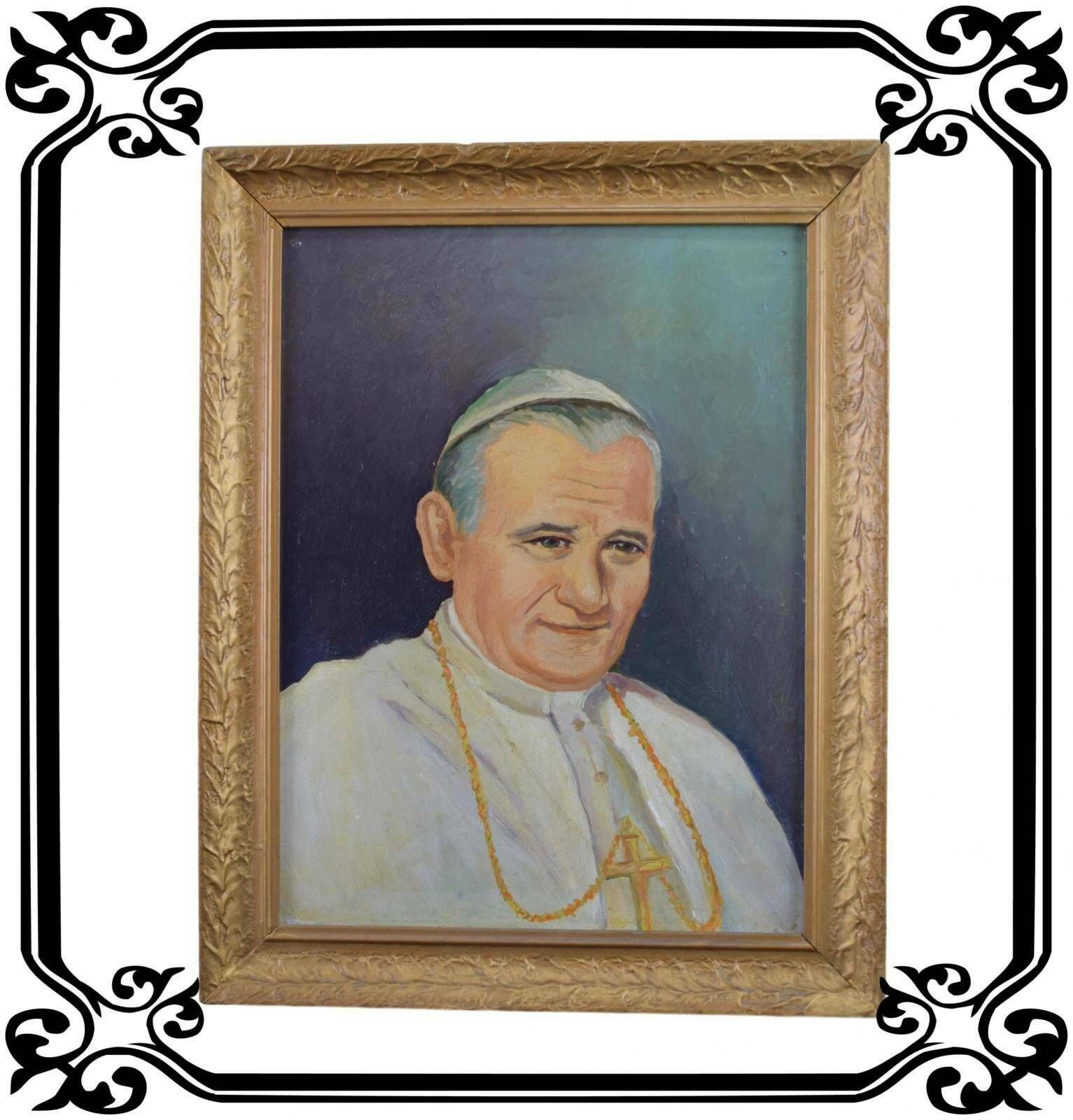 Pope John Paul II Portrait French Vintage Oil Painting On Panel