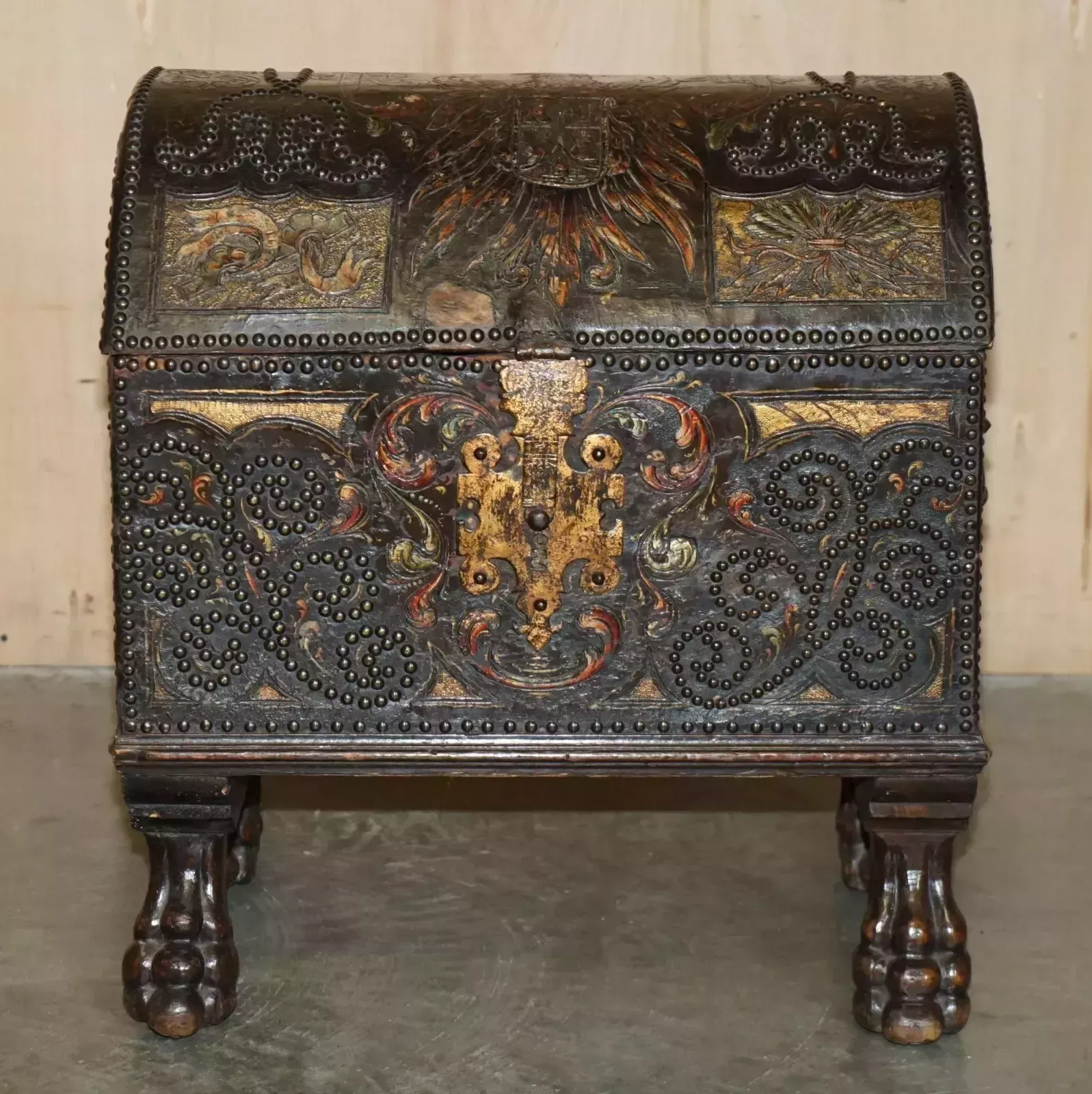18th Century Polychrome Painted Leather Armorail Crest Trunk Carved Walnut Feet photo for sale