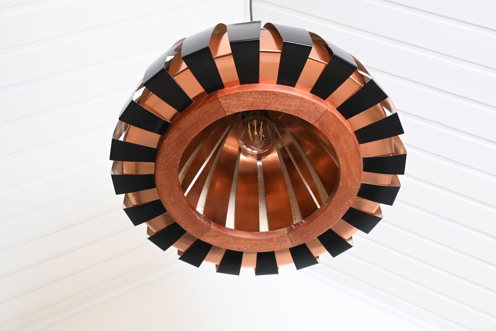 Rare Vintage Fiesta Metal With Wood Pendant / Hanging Lamp By Svend Aage Holm Sørensen, Denmark 1960s photo vinterior