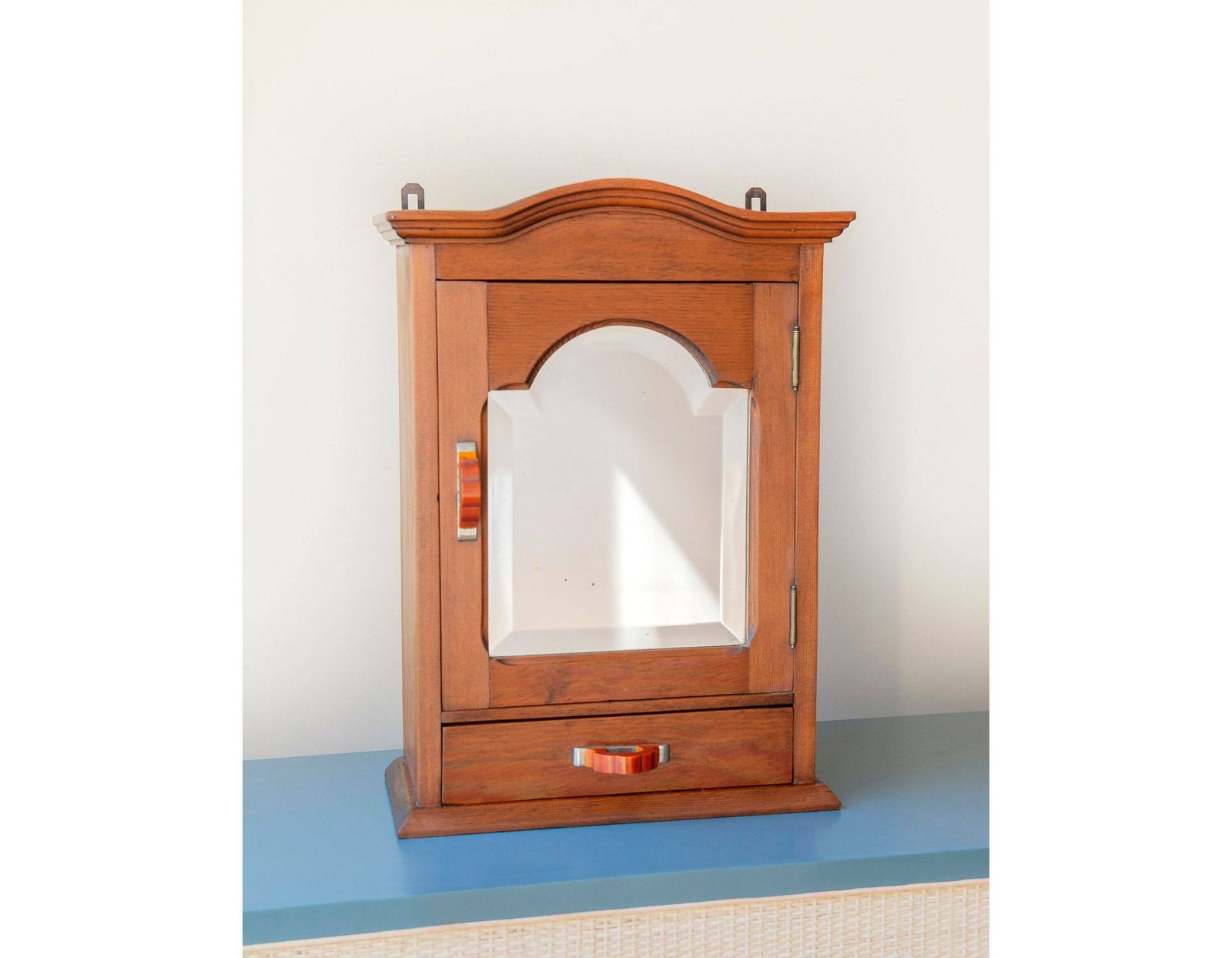 Antiek Apothekerskastje Met Geslepen Spiegel En Lade, Eikenhouten Wandkast, Hangend Opbergkastje, Oud Medicijnkastje, Rustieke Woondecoratie
