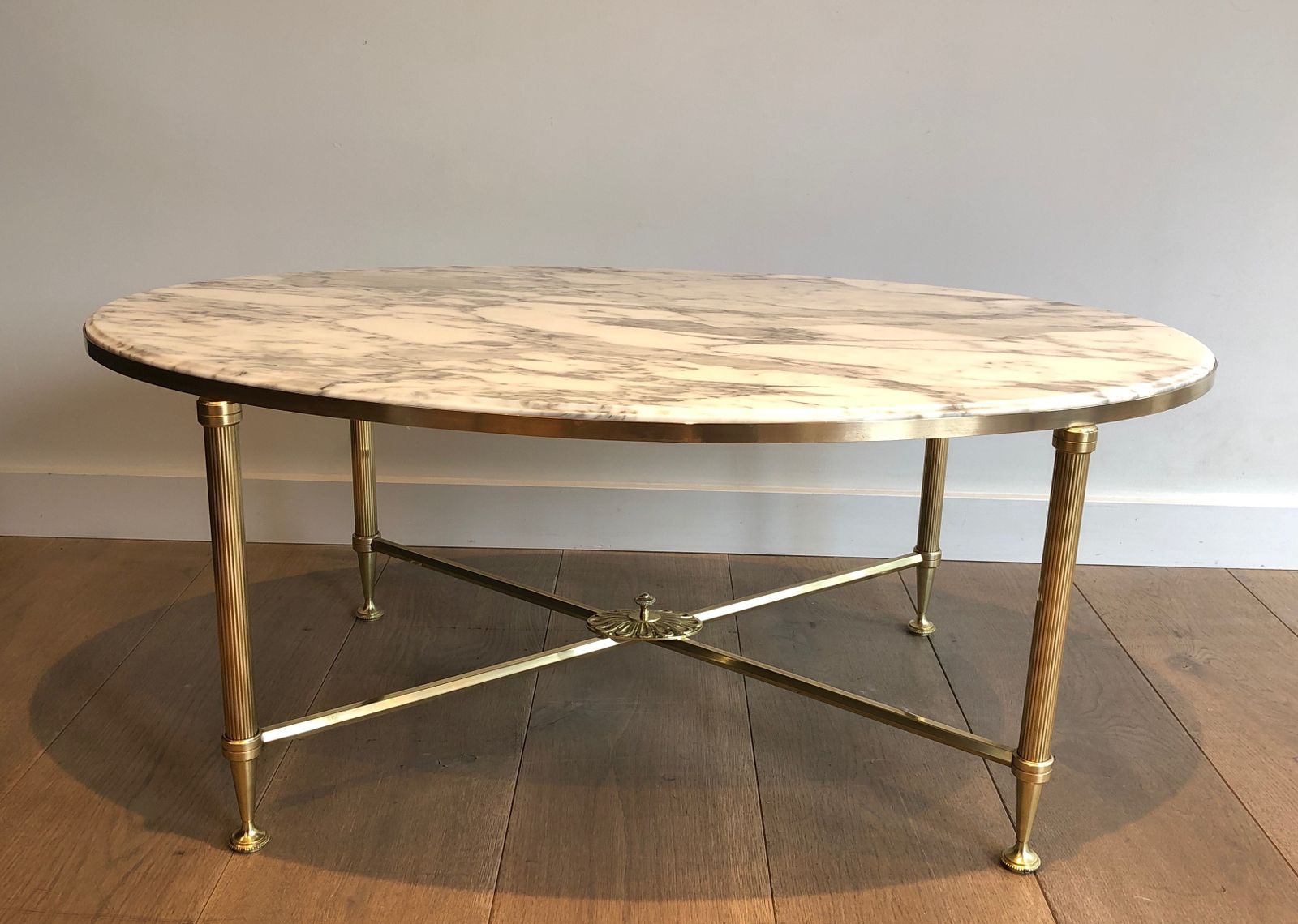 Neoclassical Style Oval Coffee Table In Brass And Carrara Marble Top From Maison Jansen photo furniture