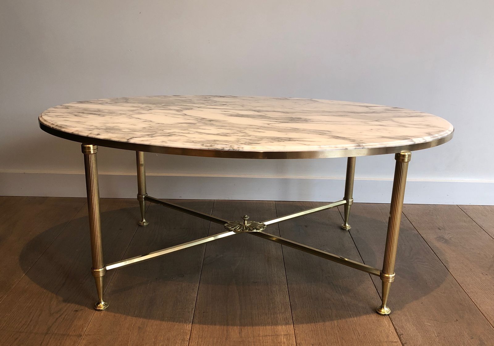 photo buy Neoclassical Style Oval Coffee Table In Brass And Carrara Marble Top From Maison Jansen