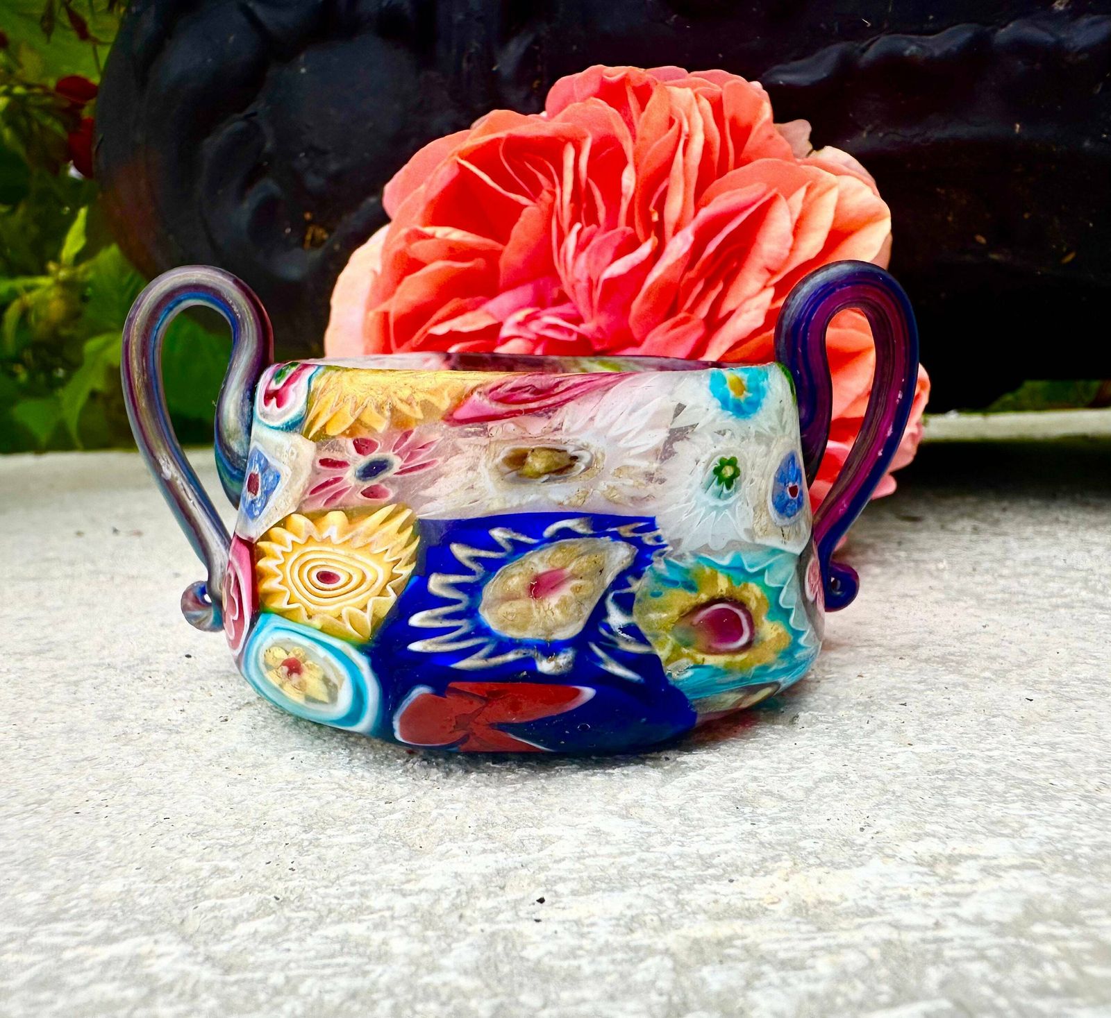 Fratelli Toso Murano Millefiori Miniature Bowl With Handle C.1920, Italian Glass Art photo furniture