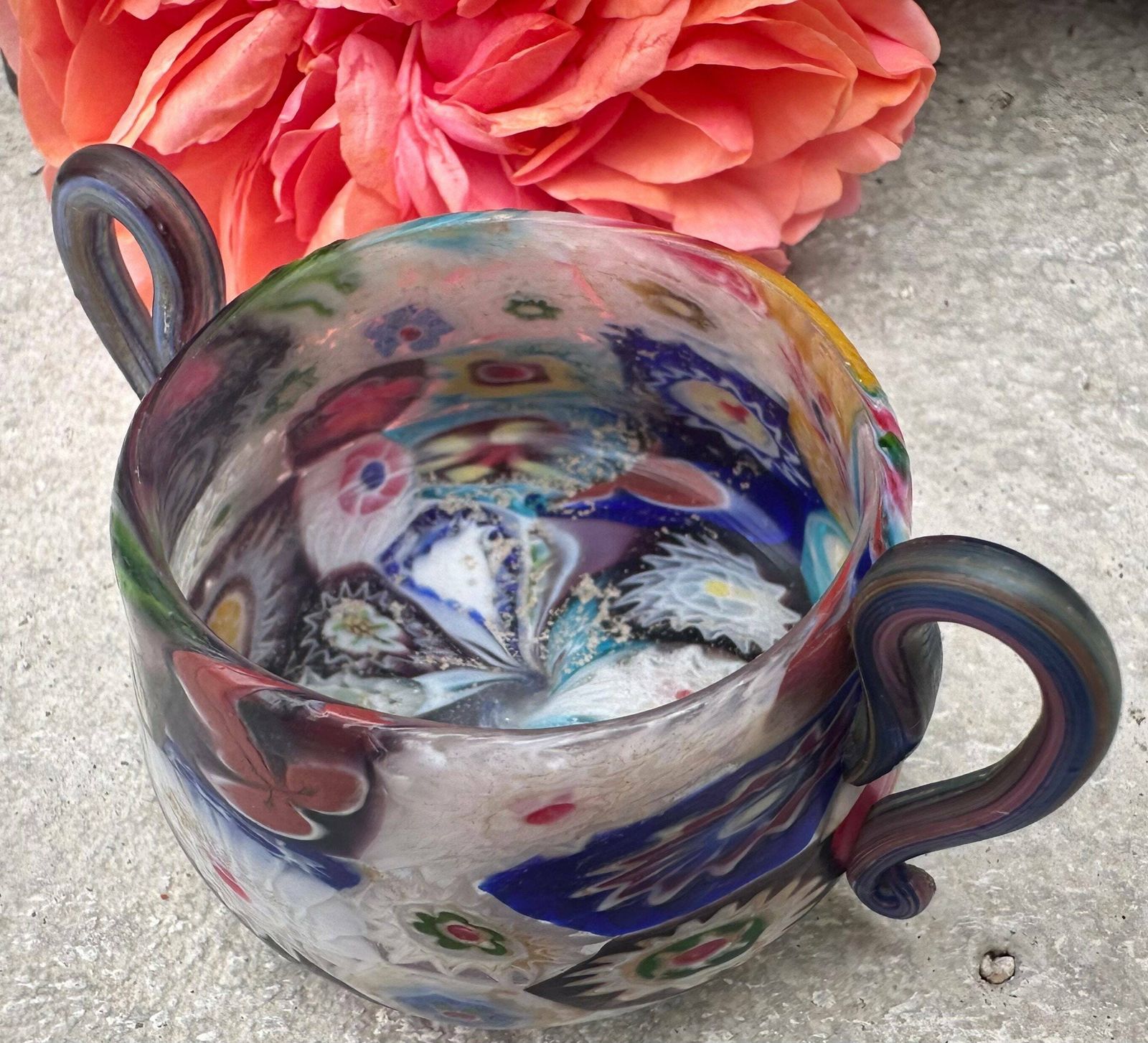 Fratelli Toso Murano Millefiori Miniature Bowl With Handle C.1920, Italian Glass Art photo vinterior