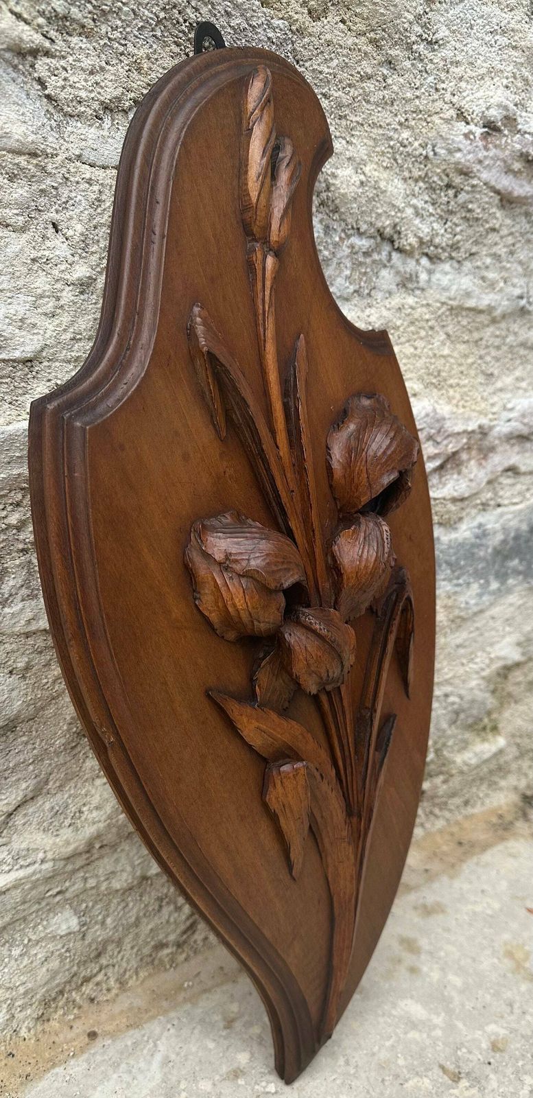 Unique Antique Flower Iris Wood Wall Art, Handmade Carved Panel, Gift For Her Or Him photo for sale