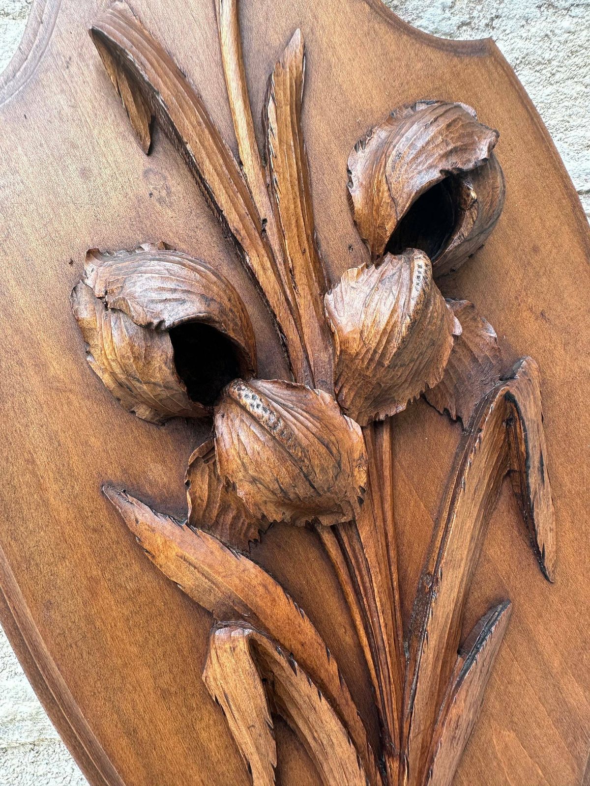 Unique Antique Flower Iris Wood Wall Art, Handmade Carved Panel, Gift For Her Or Him photo vinterior