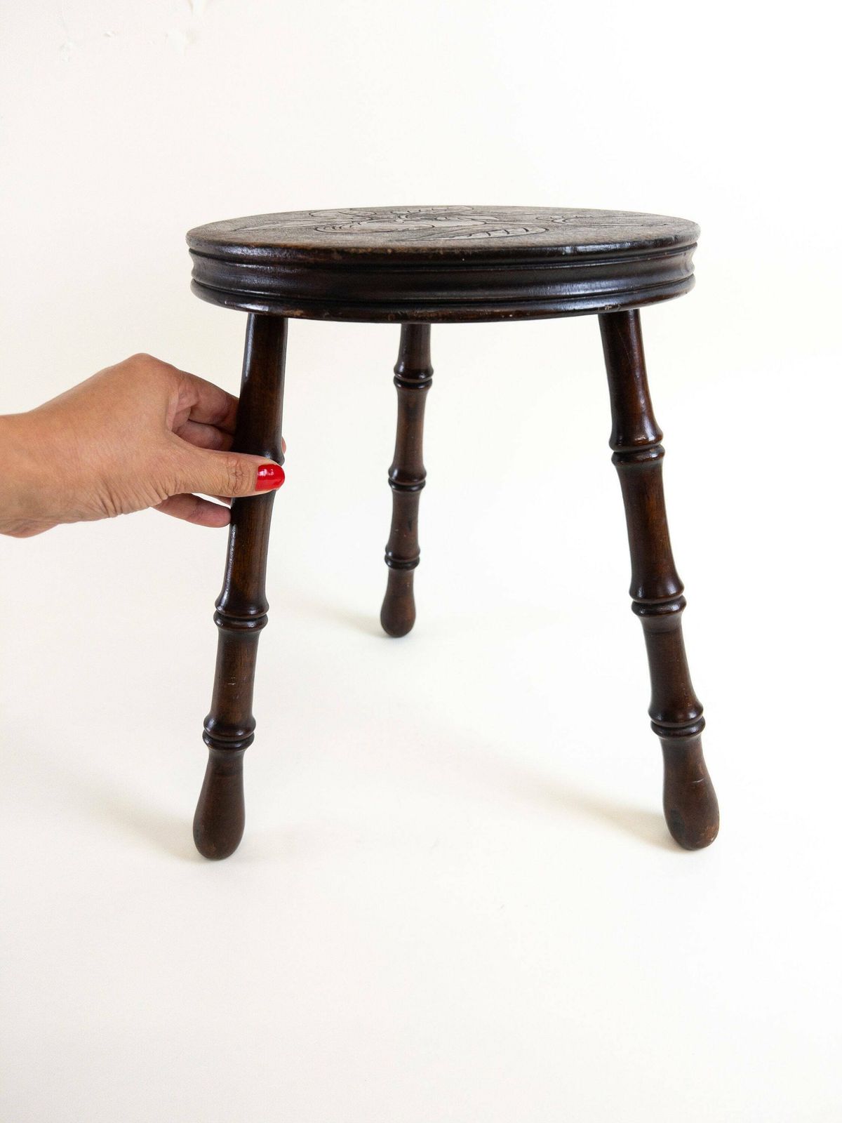 Swiss Wooden Tripod Milking Stool   Ornate Floral Stool Made In Switzerland photo furniture