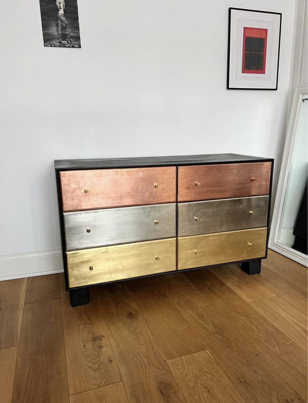 1 Of A Kind, Restored Six Drawer Chest Of Drawers, Brass Clad Drawer Fronts photo vintage