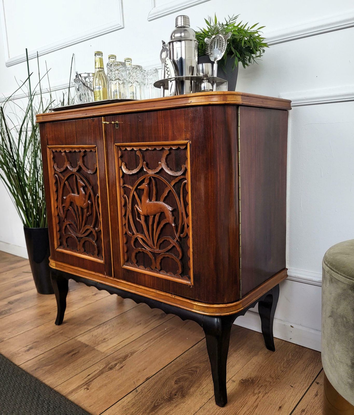 1960s Art Deco Mid Century Italian Forest Wildlife Carved Wood Dry Bar Cabinet photo vinterior