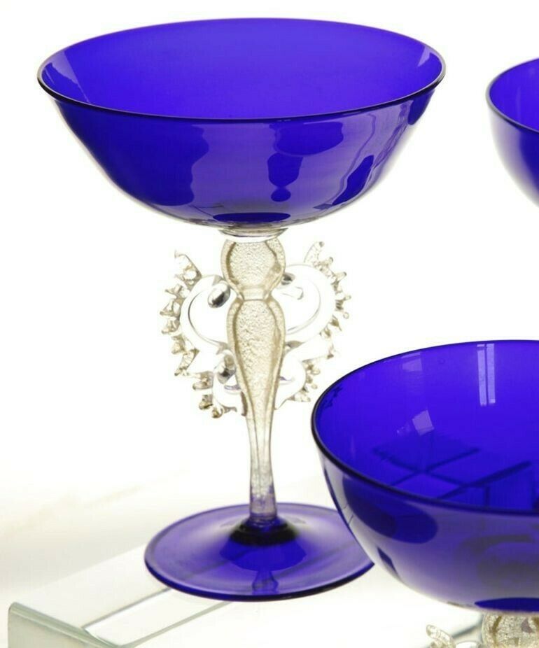 Set Of 6 Of 12 Cenedese Champagne Goblets Murano Cobalt Glass Gold Accent Signed photo furniture