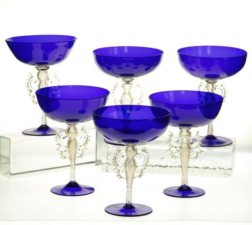Set Of 6 Of 12 Cenedese Champagne Goblets Murano Cobalt Glass Gold Accent Signed photo 2000.0
