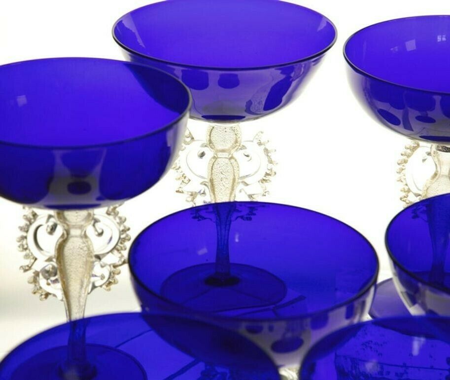 Set Of 6 Of 12 Cenedese Champagne Goblets Murano Cobalt Glass Gold Accent Signed photo vinterior