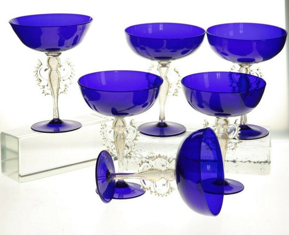 Set Of 6 Of 12 Cenedese Champagne Goblets Murano Cobalt Glass Gold Accent Signed photo buy