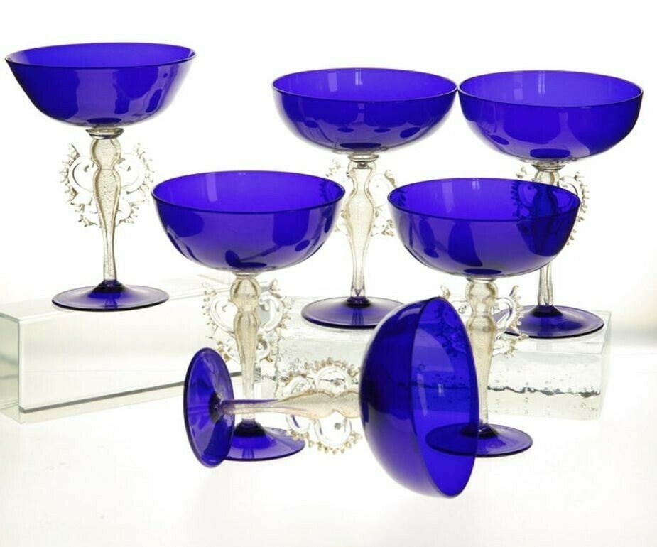 photo for sale Set Of 6 Of 12 Cenedese Champagne Goblets Murano Cobalt Glass Gold Accent Signed