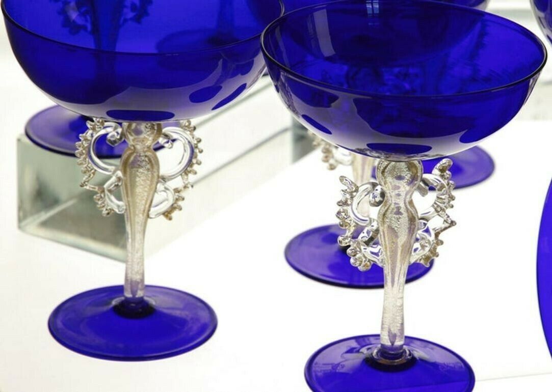 Home Decor Set Of 6 Of 12 Cenedese Champagne Goblets Murano Cobalt Glass Gold Accent Signed photo