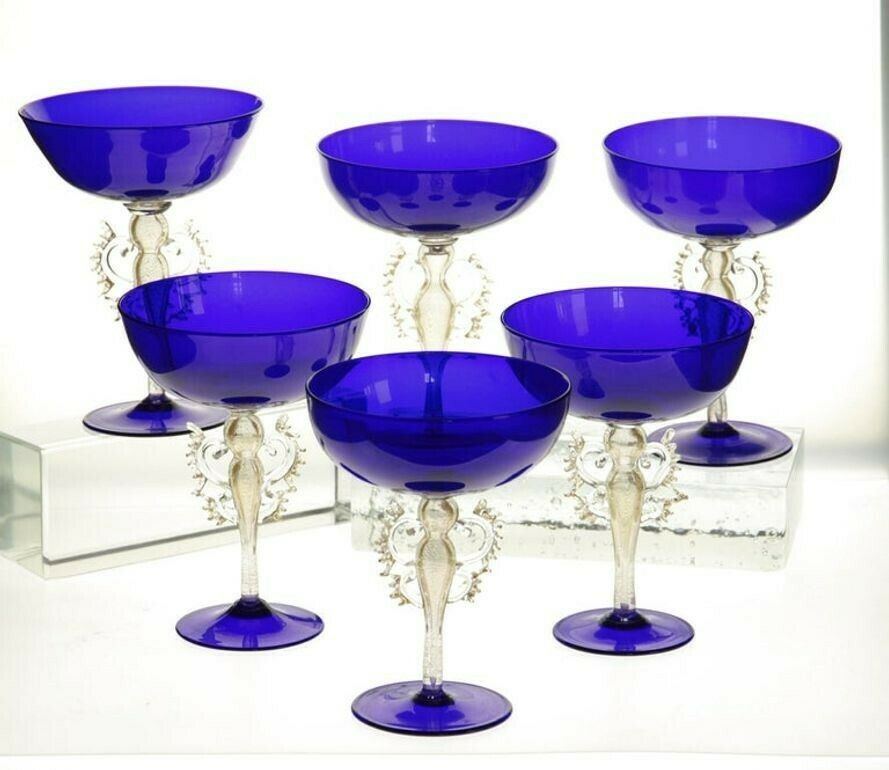 photo vinterior Set Of 6 Of 12 Cenedese Champagne Goblets Murano Cobalt Glass Gold Accent Signed
