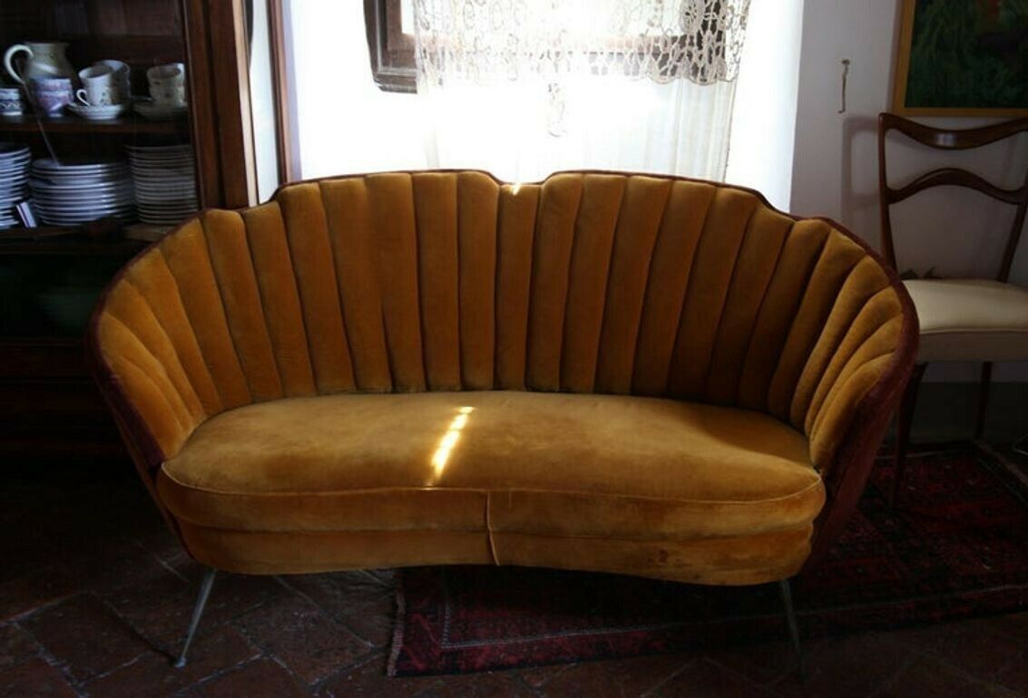 photo buy Shell Midcentury Curved Sofa, Brass Cast Feet, Original Velvet, Casa E Giardino