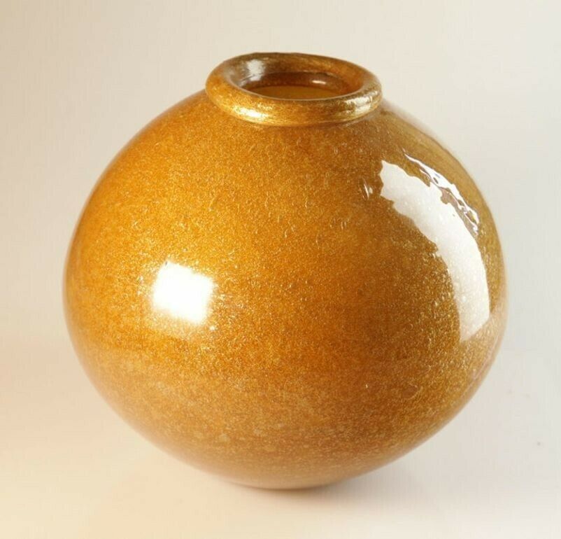 Seguso For Bisazza Pair Mustard Murano Pulegoso Vase Gold Rim, 1993 Signed photo 7800.0