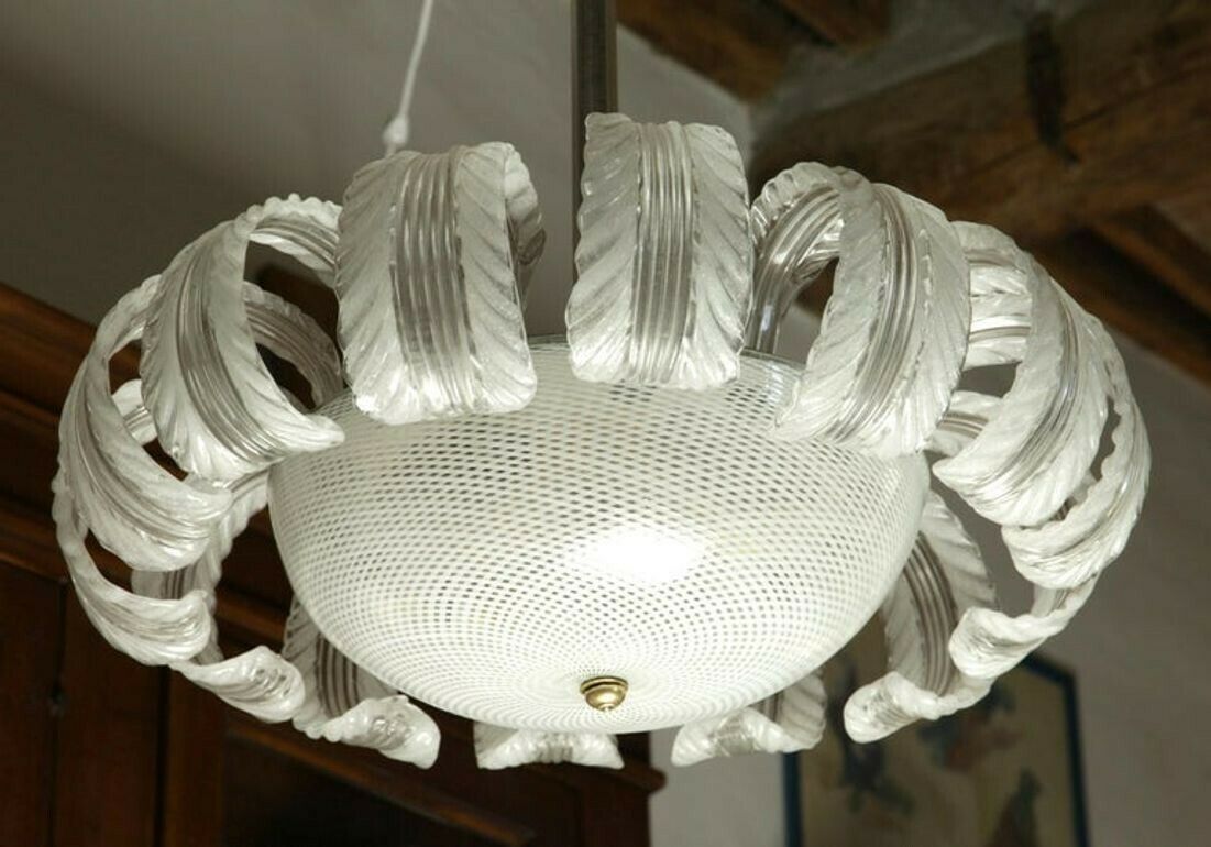 Barovier Et Toso Attributed, 14 Pulegoso Leaves Reticello Bowl, 1940s, Murano photo vintage