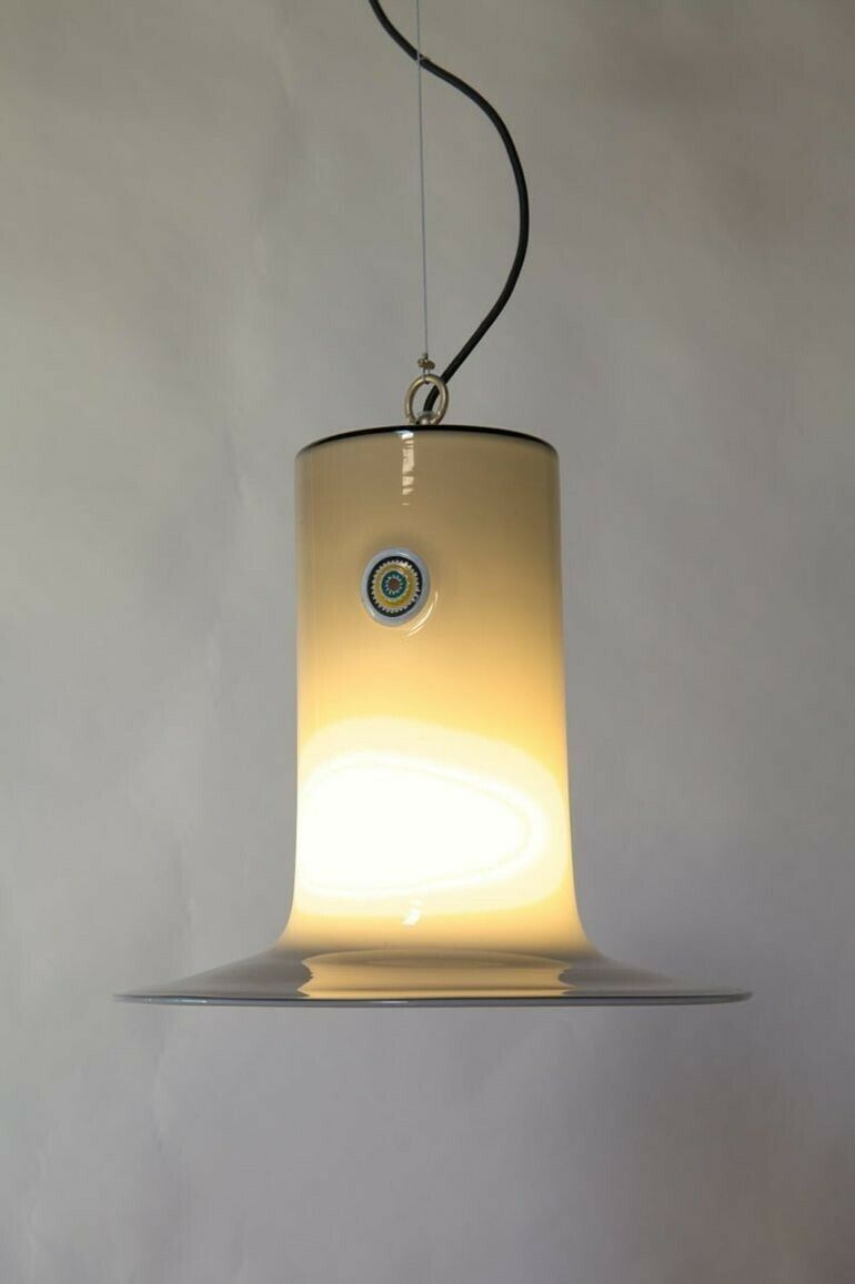 photo furniture Alessandro Pianon, Vistosi, Murano Glass Gray Cased Lattimo Suspension, Murrina