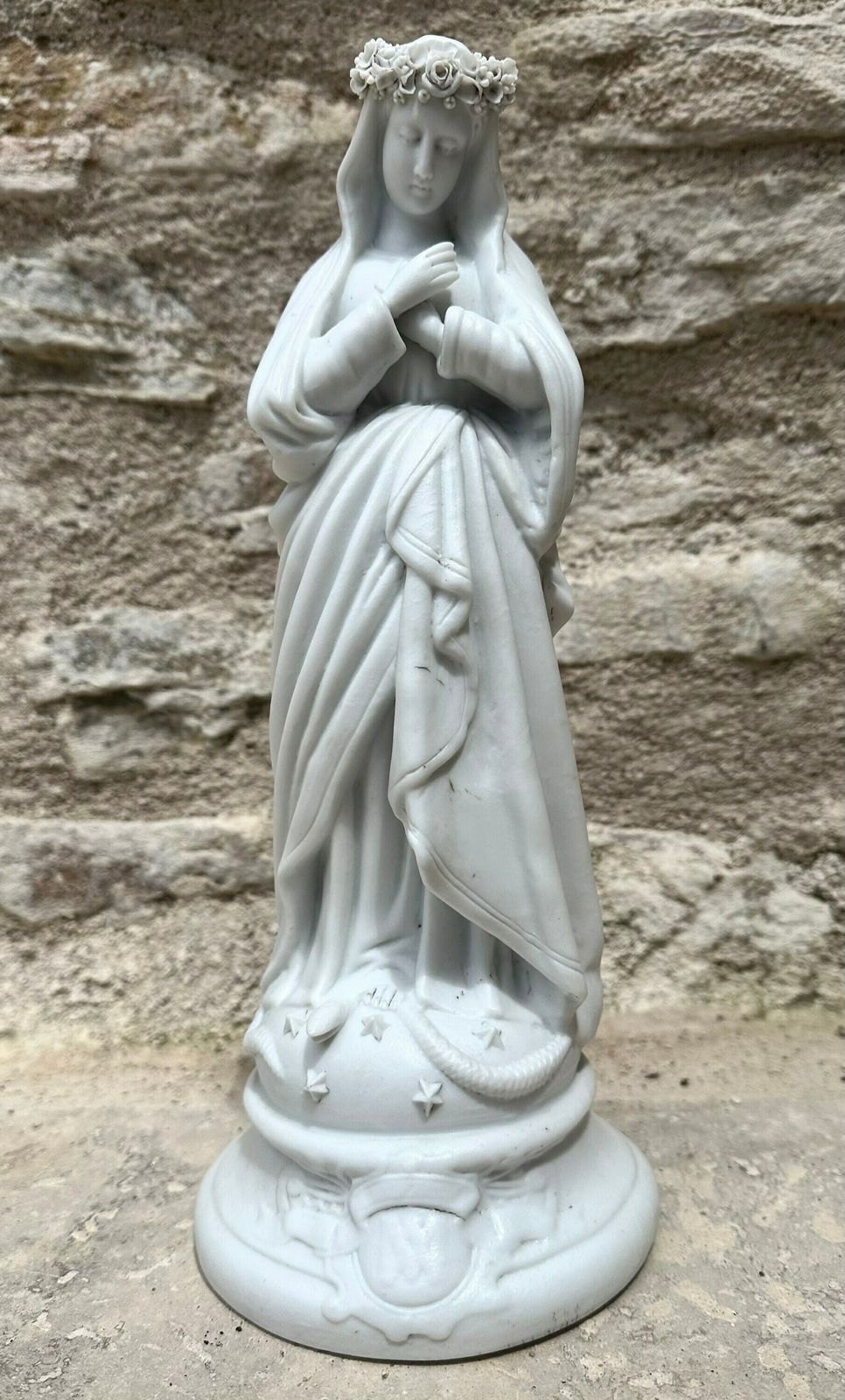 Antique French Marian Statue Of Crowned Virgin Mary Bisque Figurine, Gift For Communion photo furniture