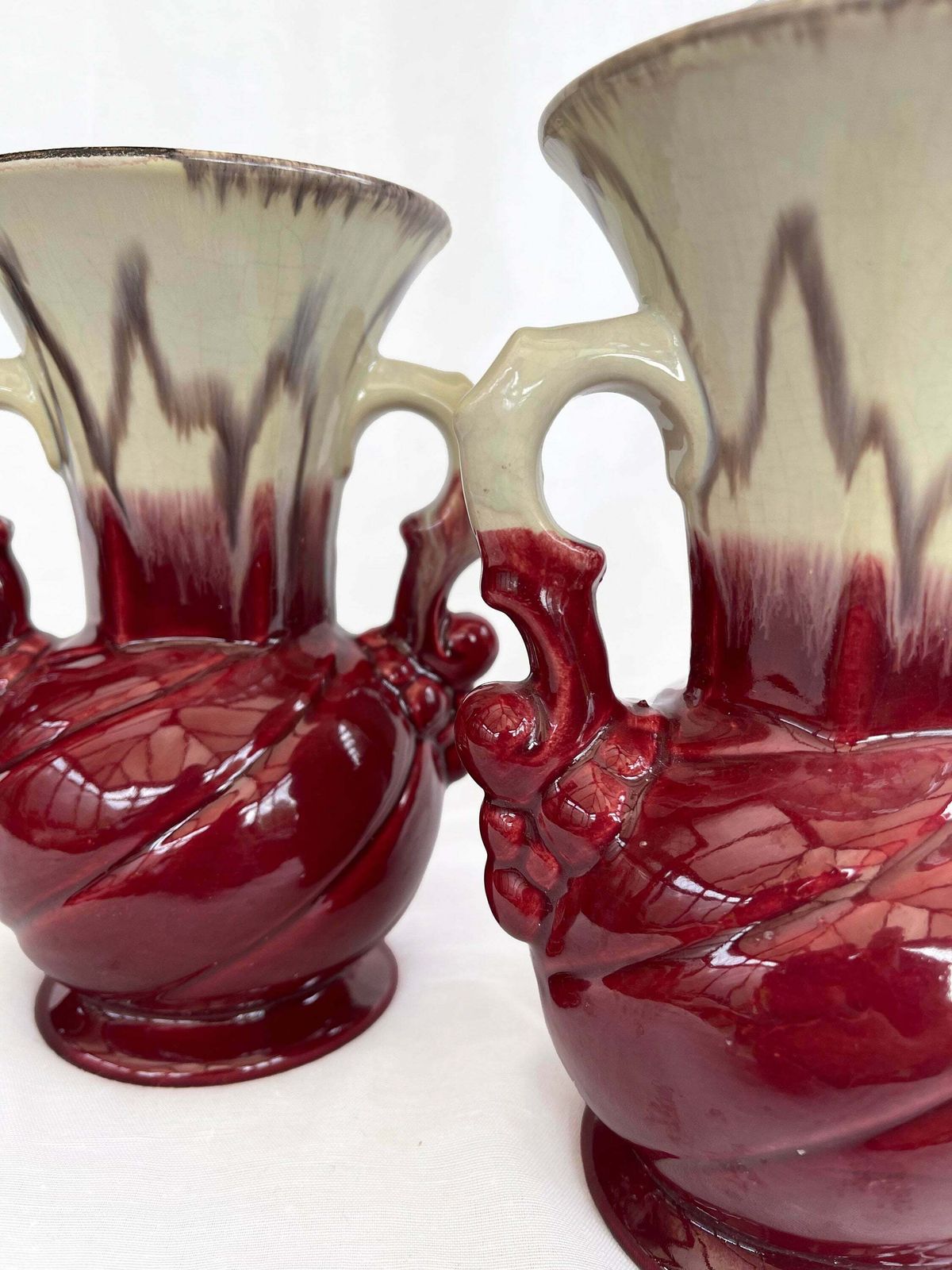 An Attractive Pair Of Mid Century Fat Lava Glaze German Handled Vases photo for sale
