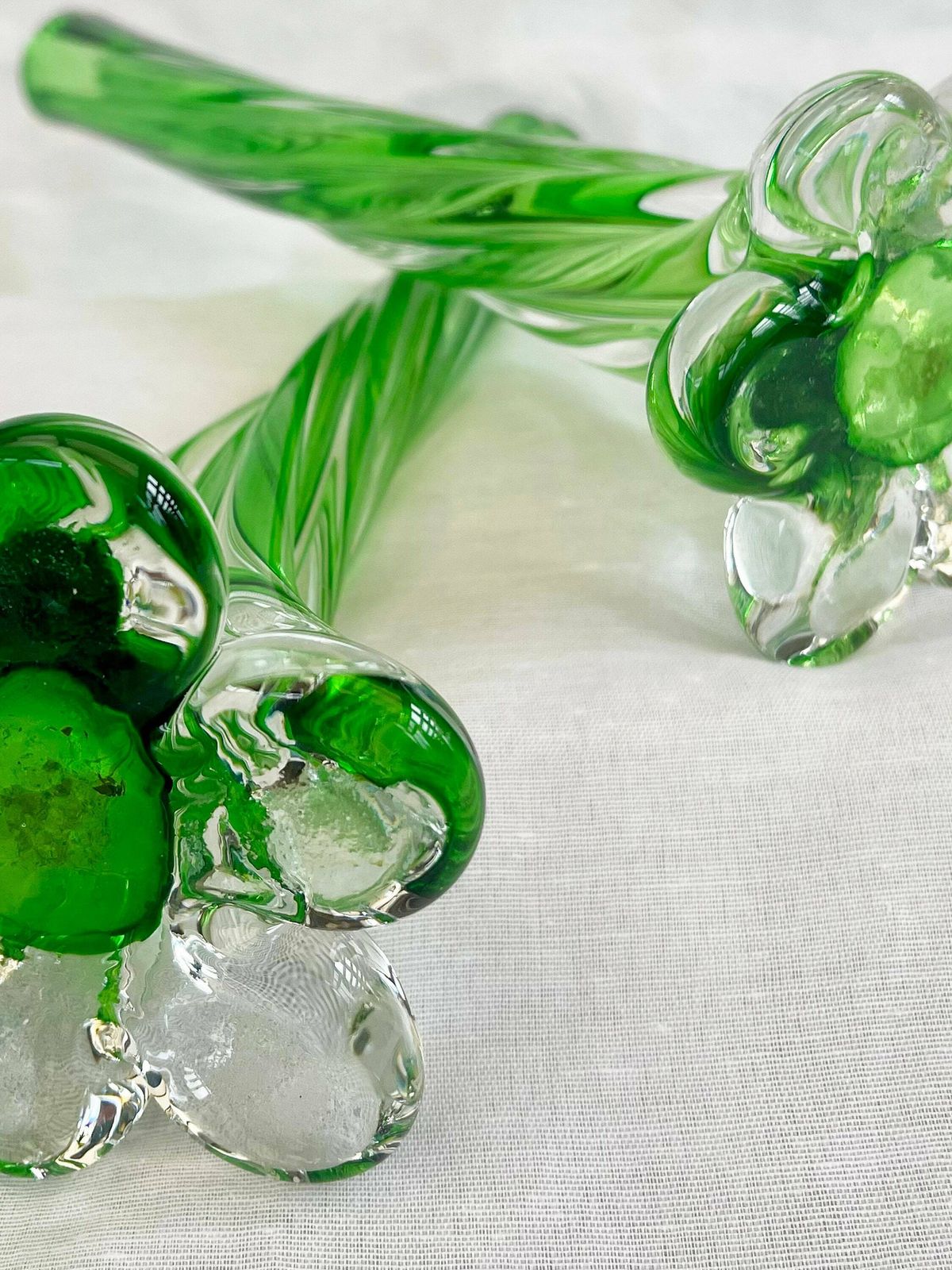 A Pair Of Uranium Green French Vintage Twist Stem Vases. Art Glass Flower Sleeves, Circa 1950. photo 449.0
