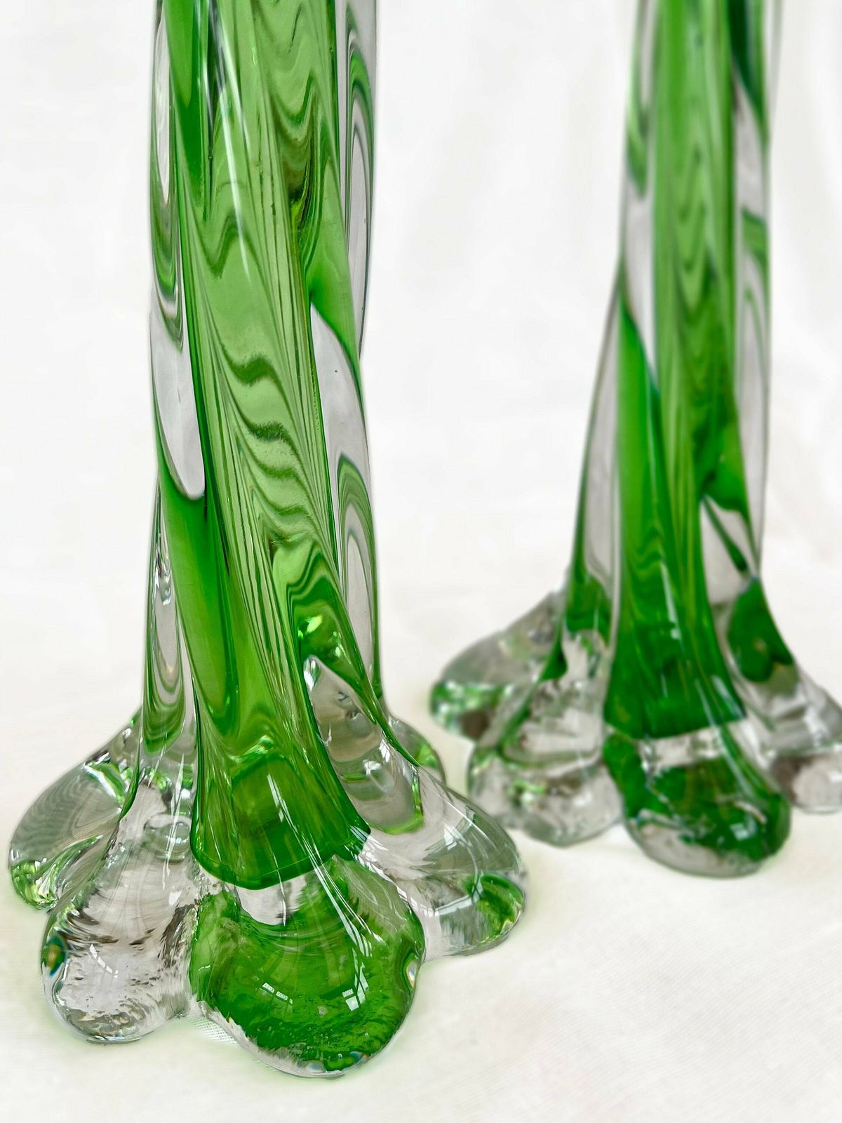 A Pair Of Uranium Green French Vintage Twist Stem Vases. Art Glass Flower Sleeves, Circa 1950. photo buy