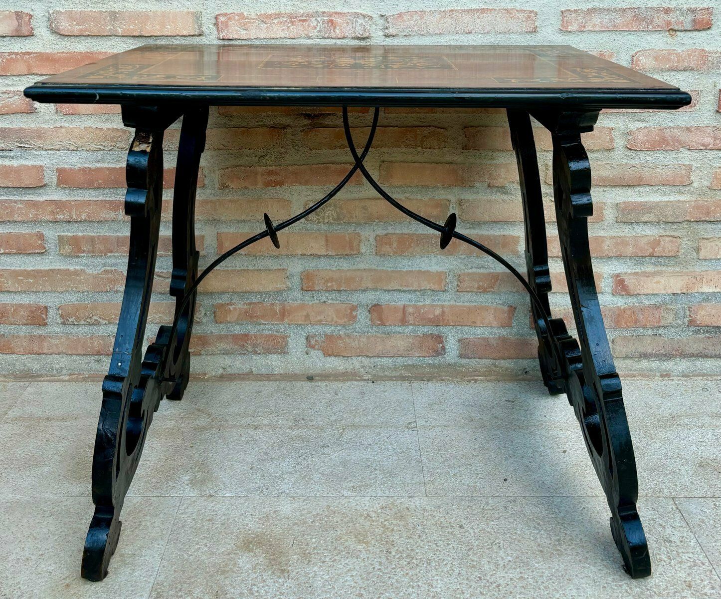 Spanish Baroque Side Table With Lyre Legs And Marquetry Top, 1850 photo Furniture