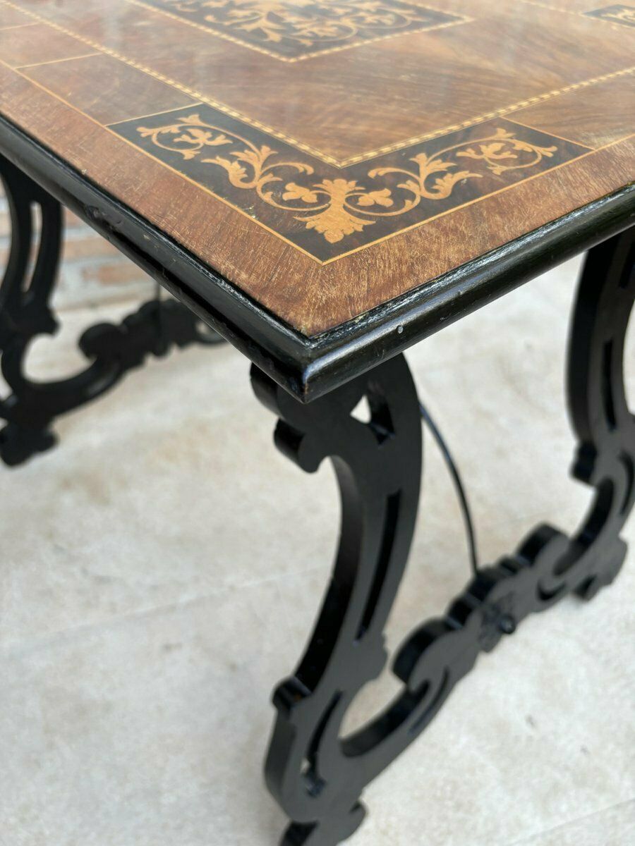 photo vinterior Spanish Baroque Side Table With Lyre Legs And Marquetry Top, 1850