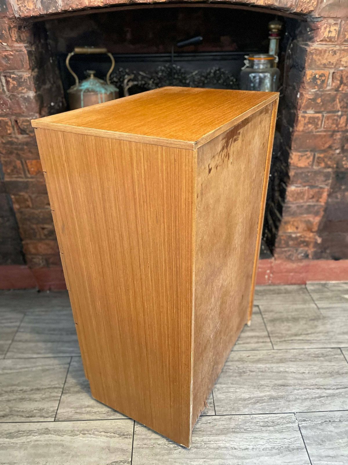 photo for sale Vintage Six Drawers Tall Boy In Light Teak Veneer Finish With Industrial Influenced Handles From The 1960s