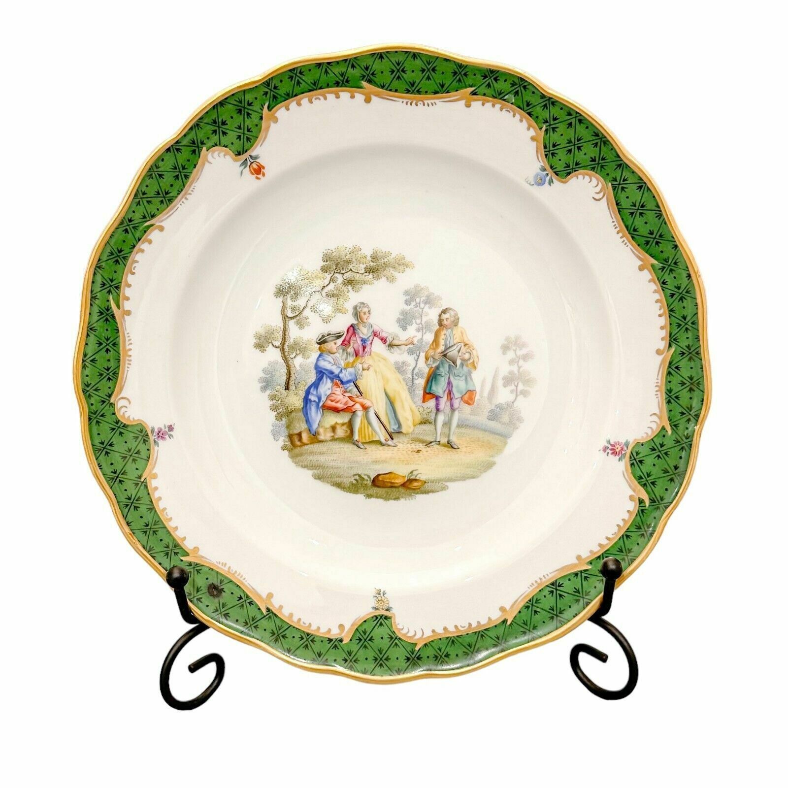 German 19th Century Meissen Porcelain Fluted Cabinet Plate, Gallant Scene Green