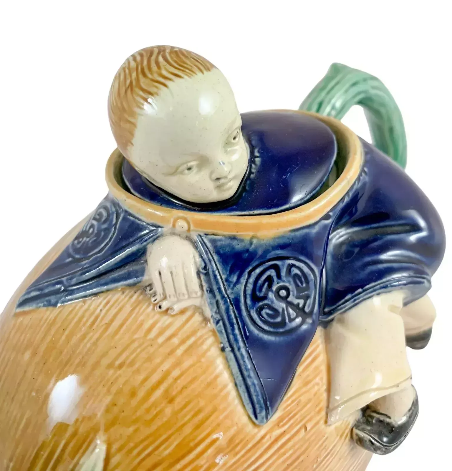 750.0 Antique Joseph Holdcroft Majolica Teapot Chinese Boy On A Melon,с.1870.Very Rare photo