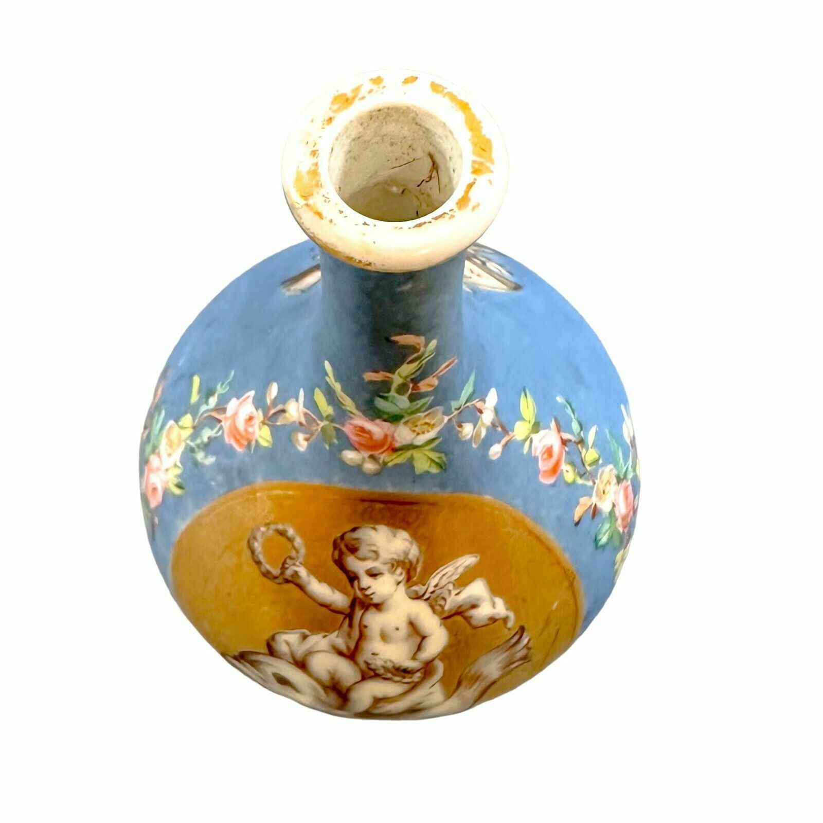 Antique French 19th Century Onion Shaped Blue Porcelain Vase Cherub Sea Monster photo vinterior