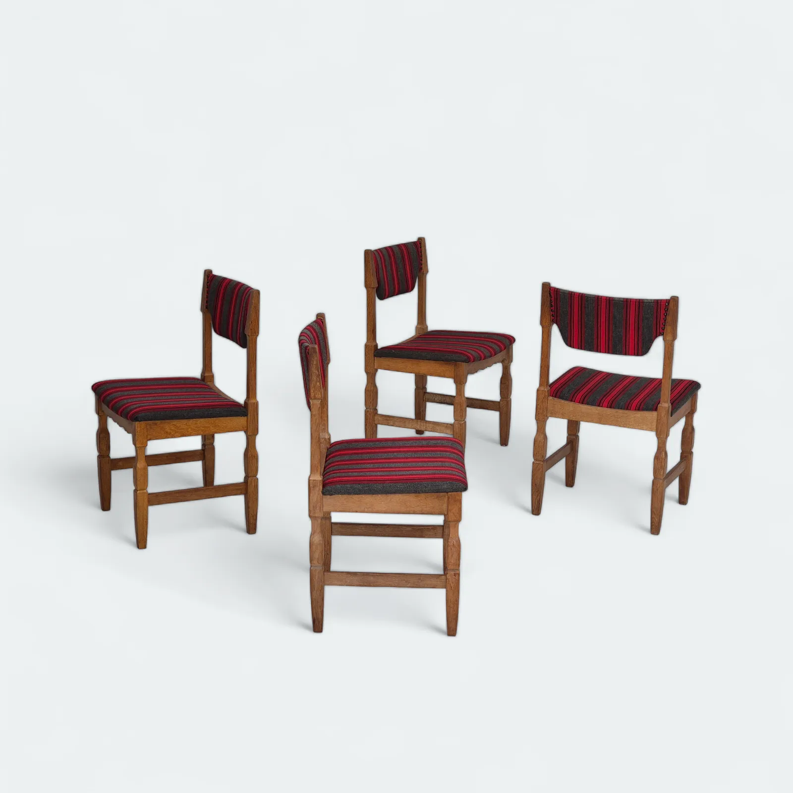 1970s, Danish Design By Henning Kjærnulf, Set Of 4 Dining Chairs, Original Condition, Oak, Wool.