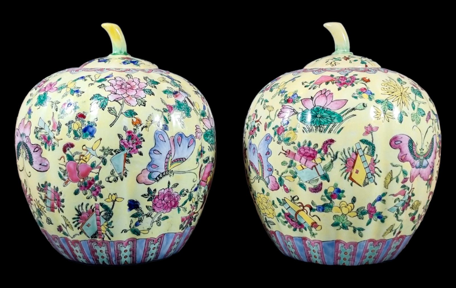 Guangxu Chinese Famille Jaune Melon Ginger Jars Lotus Flowers, Qianlong Red Mark photo vinterior