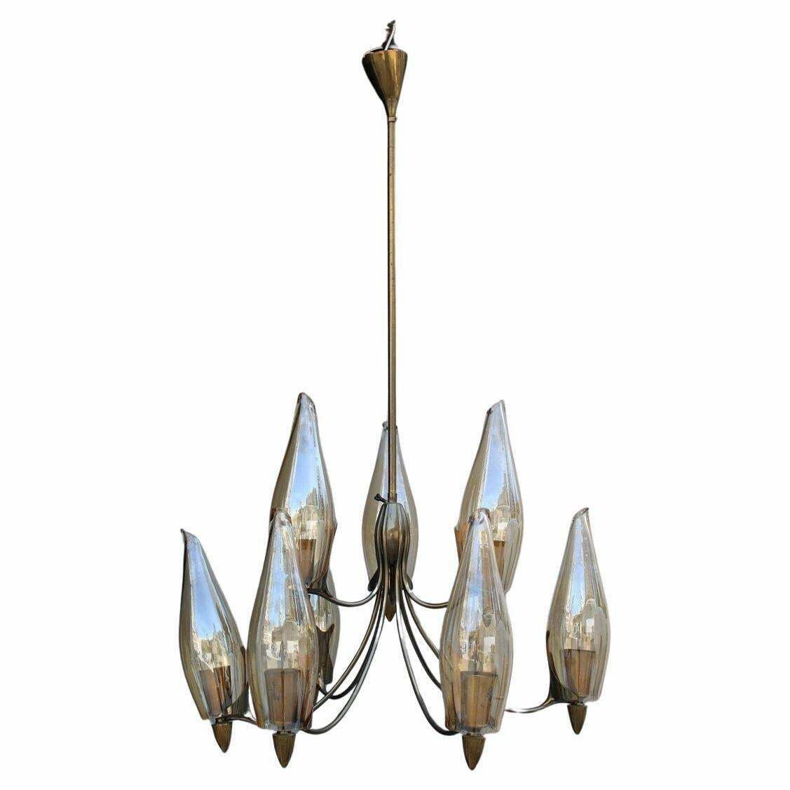 Mid Century Italian Design Chandelier In Brass And Glass Arredoluce Style