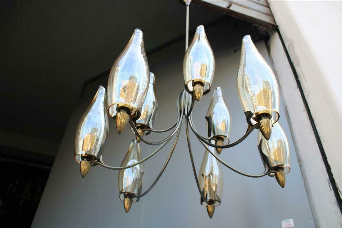 photo for sale Mid Century Italian Design Chandelier In Brass And Glass Arredoluce Style
