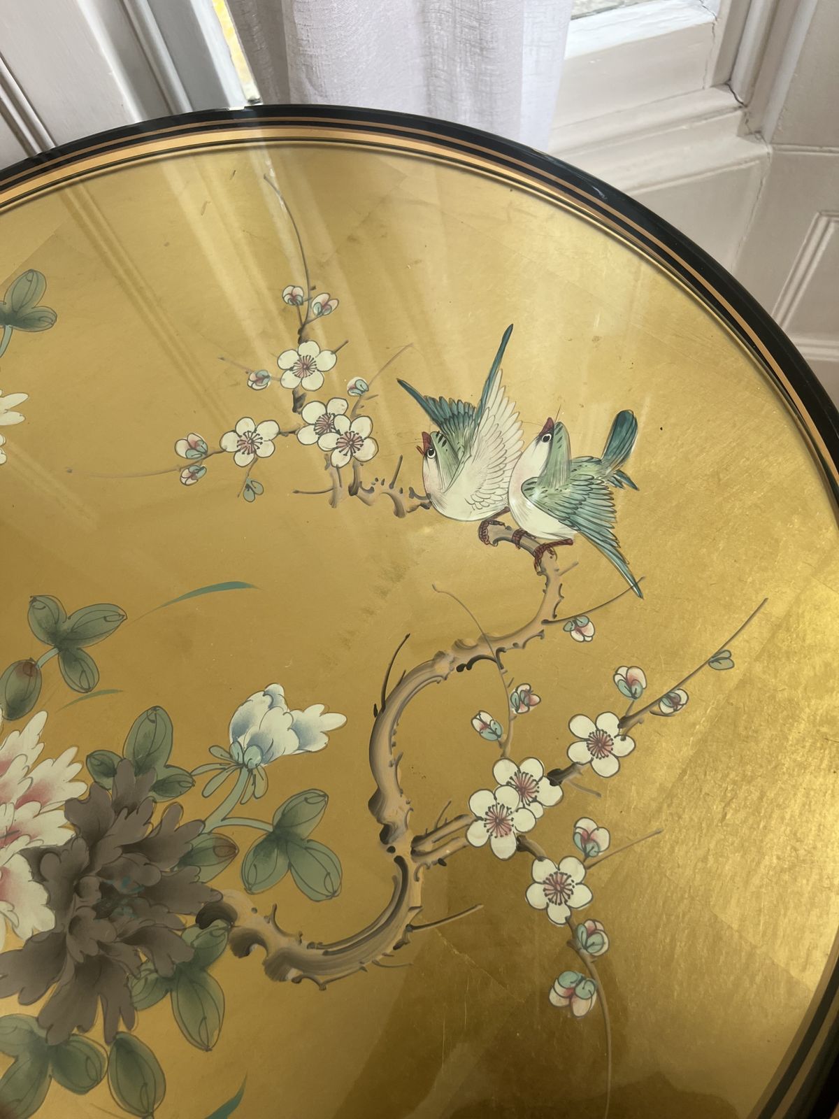 Beautiful Painted Gold And Lacquer Table With Glass Topper photo for sale