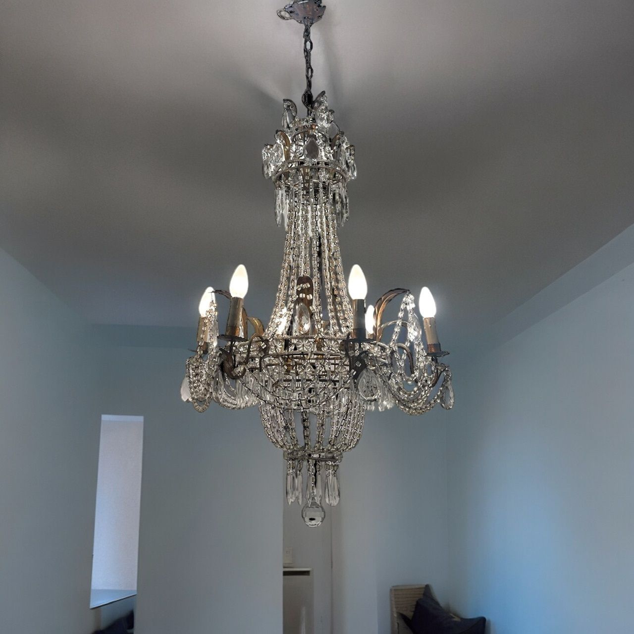 Tole Florentine Italian Macaroni Crystal Chandelier From The 1940s photo for sale