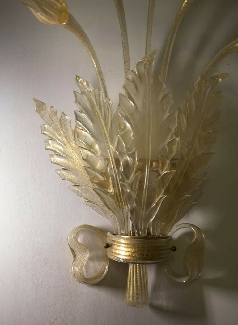 Seguso Pair Of Sconces, Murano Glass With Gold Leaf, Tulips, Leaves And Bow Deco photo 6400.0