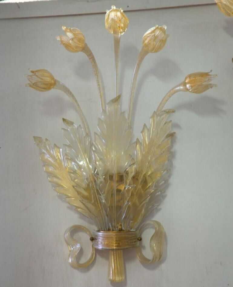 Seguso Pair Of Sconces, Murano Glass With Gold Leaf, Tulips, Leaves And Bow Deco photo vinterior